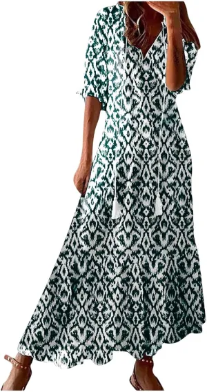 Women's Casual Loose Boho Floral Dresses 2025 Short Sleeve Drawstring V Neck Ruffle A Line Flowy Summer Beach Maxi Dress