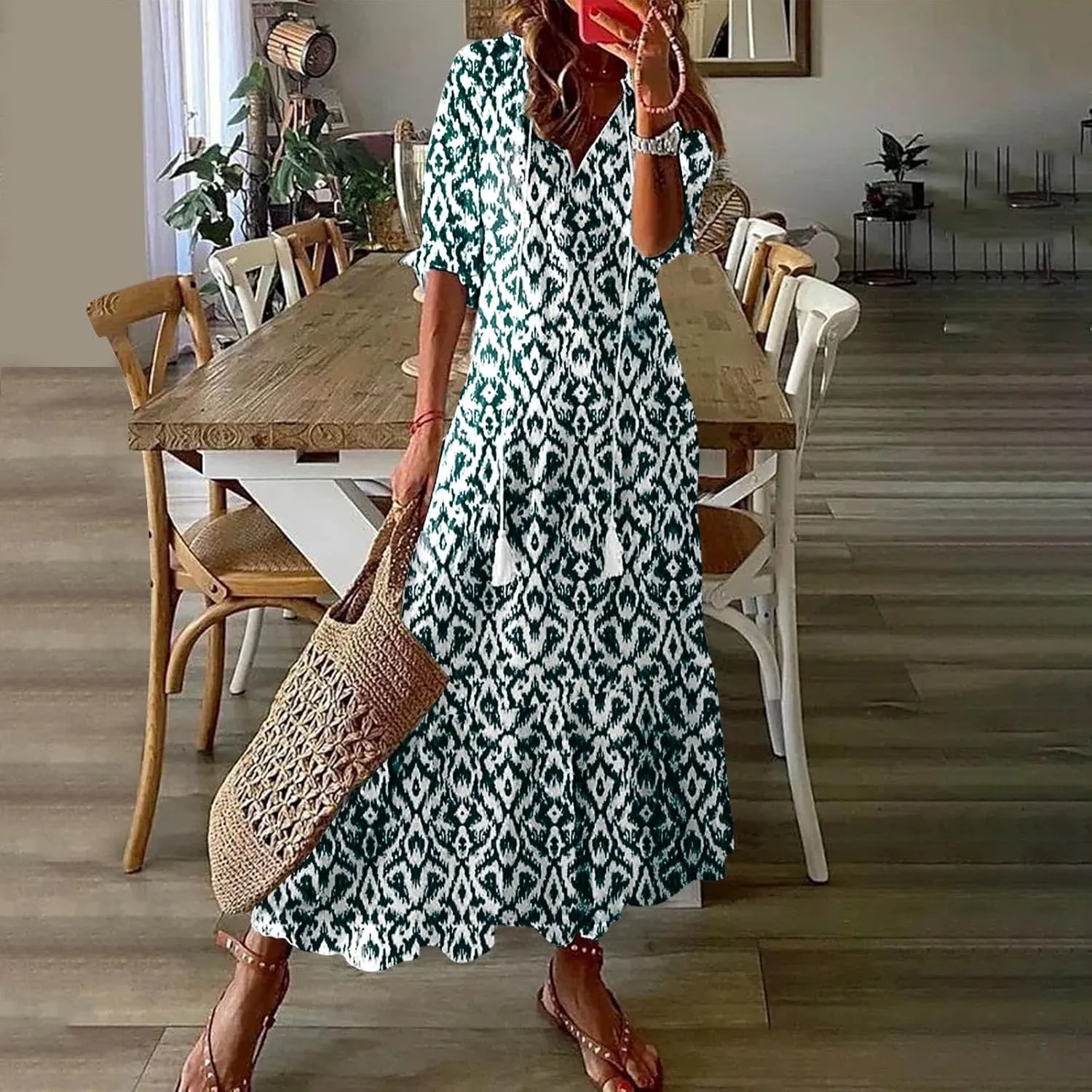 Women's Casual Loose Boho Floral Dresses 2025 Short Sleeve Drawstring V Neck Ruffle A Line Flowy Summer Beach Maxi Dress