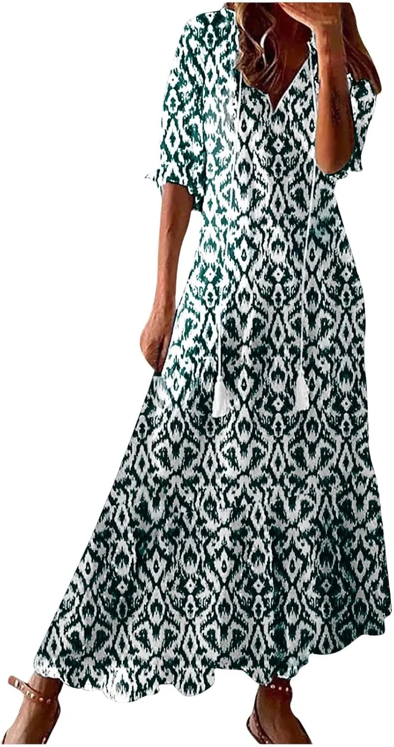 Women's Casual Loose Boho Floral Dresses 2025 Short Sleeve Drawstring V Neck Ruffle A Line Flowy Summer Beach Maxi Dress