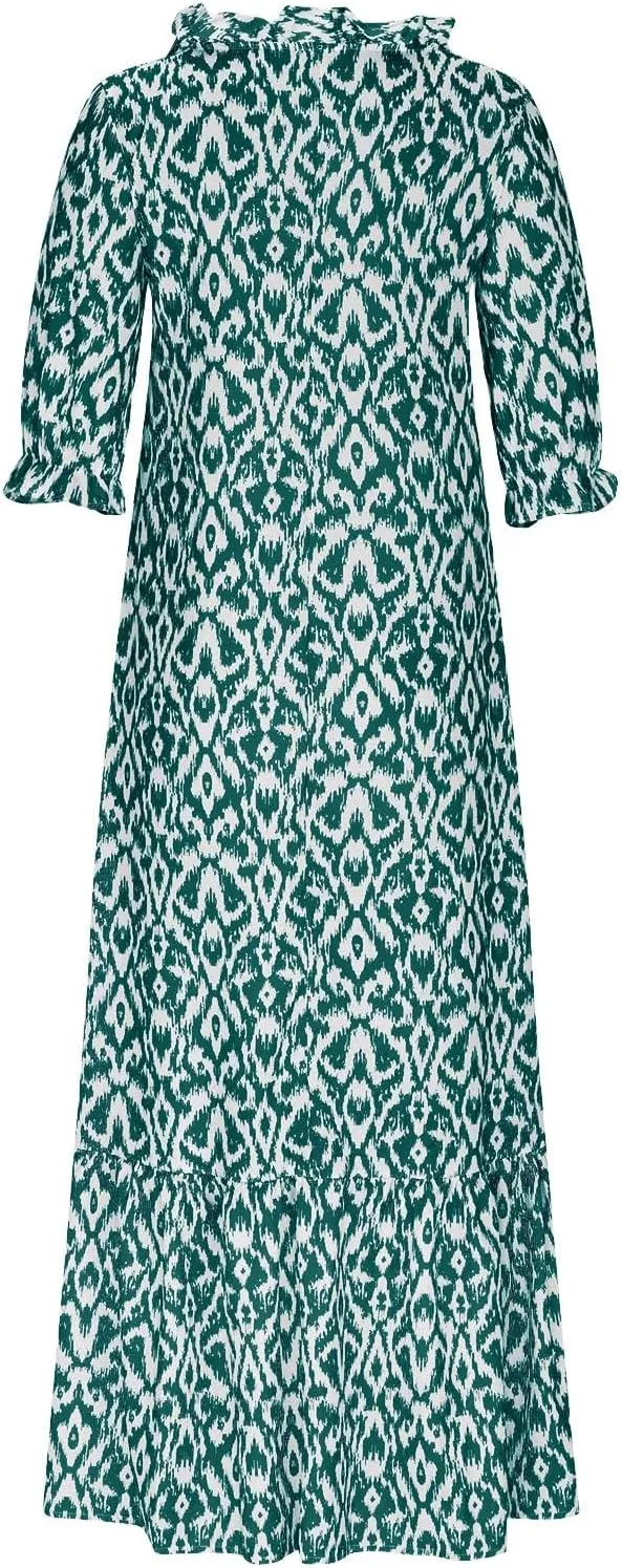 Women's Casual Loose Boho Floral Dresses 2025 Short Sleeve Drawstring V Neck Ruffle A Line Flowy Summer Beach Maxi Dress