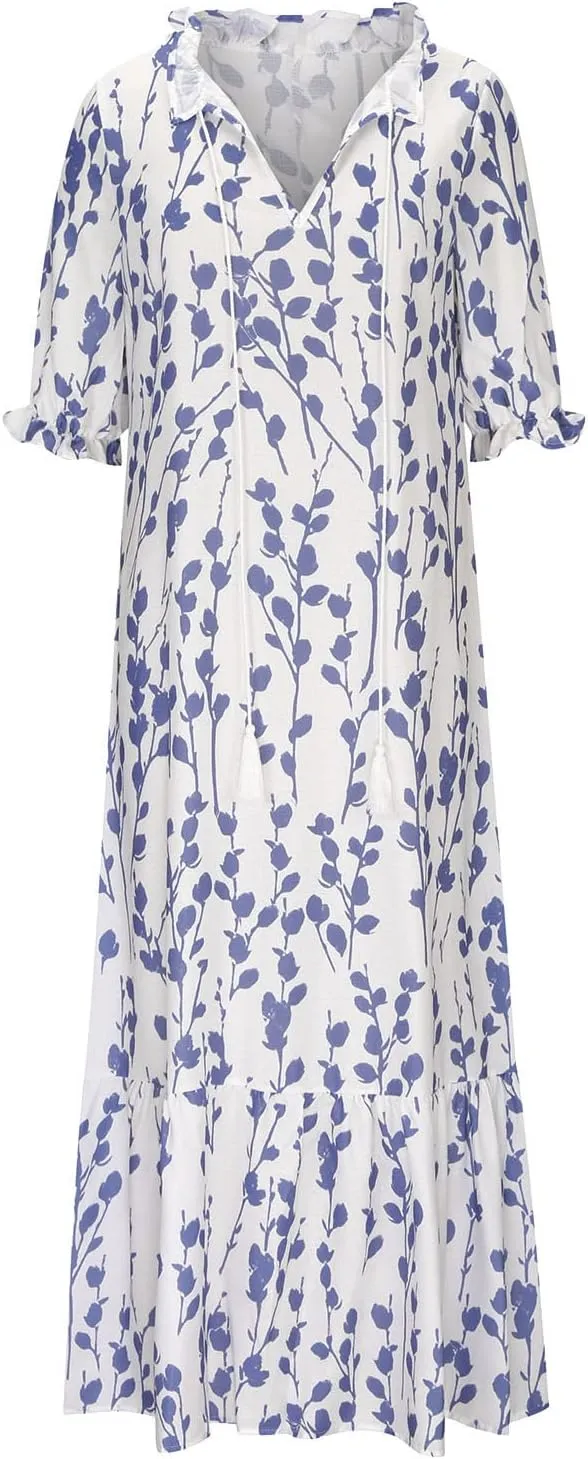 Women's Casual Spring Summer Dress V-Neck Short Sleeve Printed Tunic Dress Flowy Swing A-Line Long Beach Dress