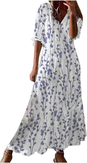 Women's Casual Spring Summer Dress V-Neck Short Sleeve Printed Tunic Dress Flowy Swing A-Line Long Beach Dress