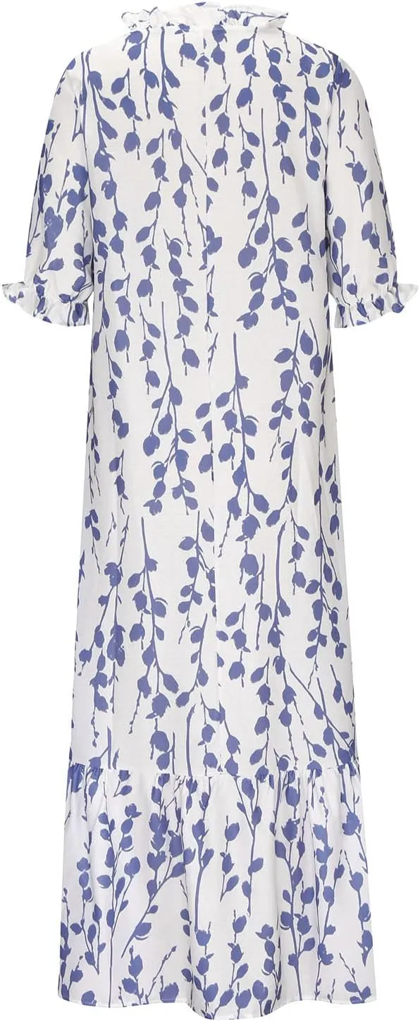 Women's Casual Spring Summer Dress V-Neck Short Sleeve Printed Tunic Dress Flowy Swing A-Line Long Beach Dress