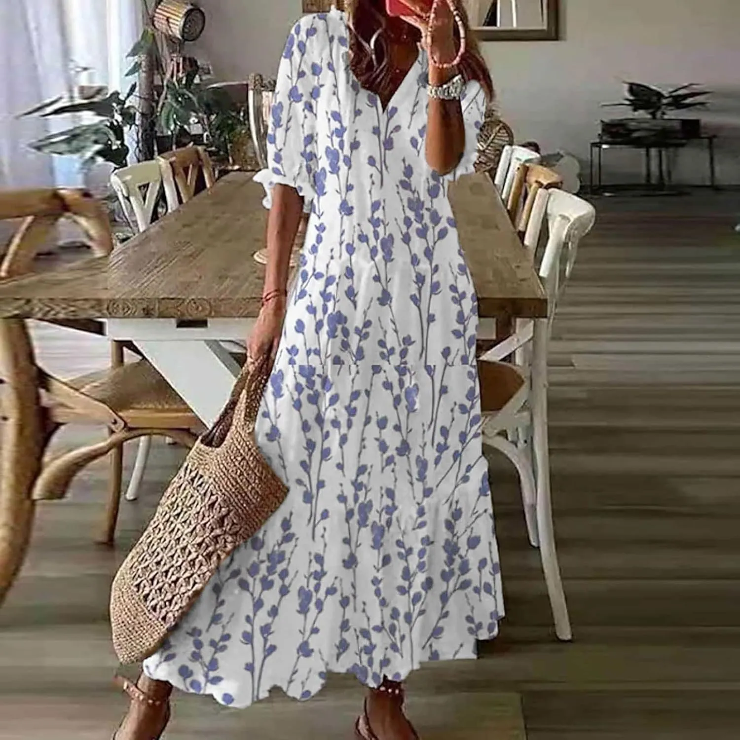 Women's Casual Spring Summer Dress V-Neck Short Sleeve Printed Tunic Dress Flowy Swing A-Line Long Beach Dress