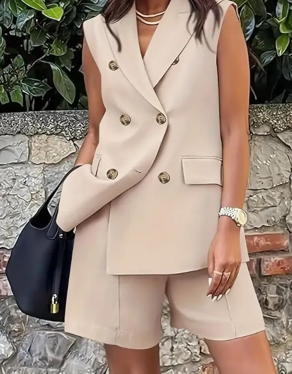 Women's Casual Two - Piece Suit Set, Lightweight Linen Blend Blazer Jacket with Trousers for Daily Wear