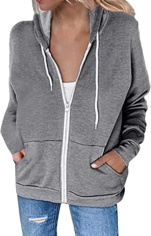 Women's Casual Zip Up Hoodie Drawstring Lightweight Sweatshirts Long Sleeve Coats Loose Solid Jackets with Pockets