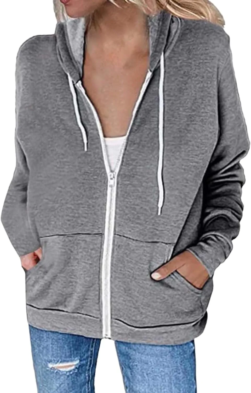 Women's Casual Zip Up Hoodie Drawstring Lightweight Sweatshirts Long Sleeve Coats Loose Solid Jackets with Pockets