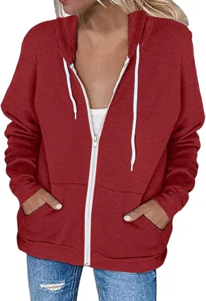 Women's Casual Zip Up Hoodie Drawstring Lightweight Sweatshirts Long Sleeve Coats Loose Solid Jackets with Pockets