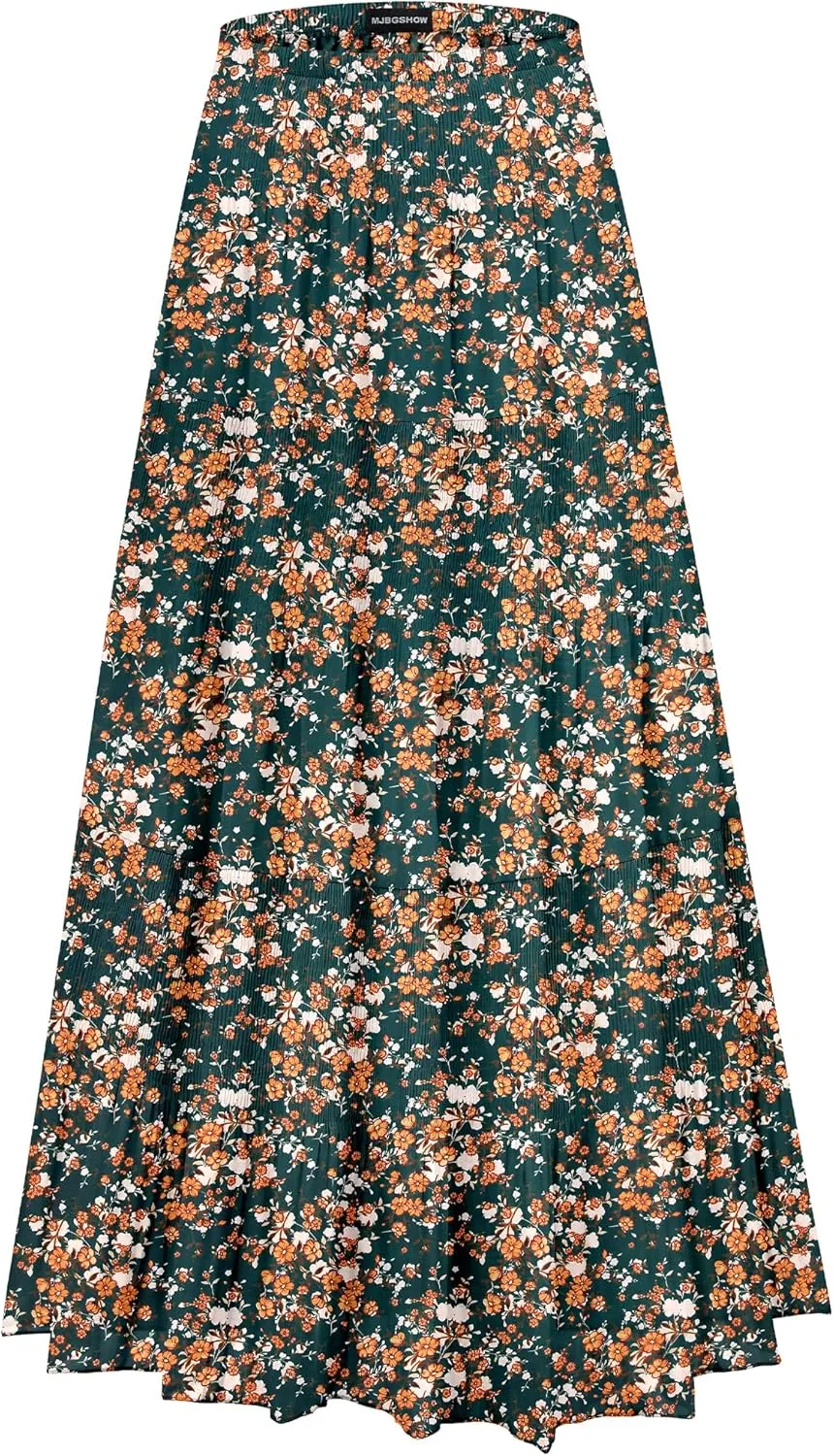 Womens Chiffon Long Skirt Elastic High Waist Floral Maxi Skirts Tiered Pleated A Line Boho Flowy Long Skirts
