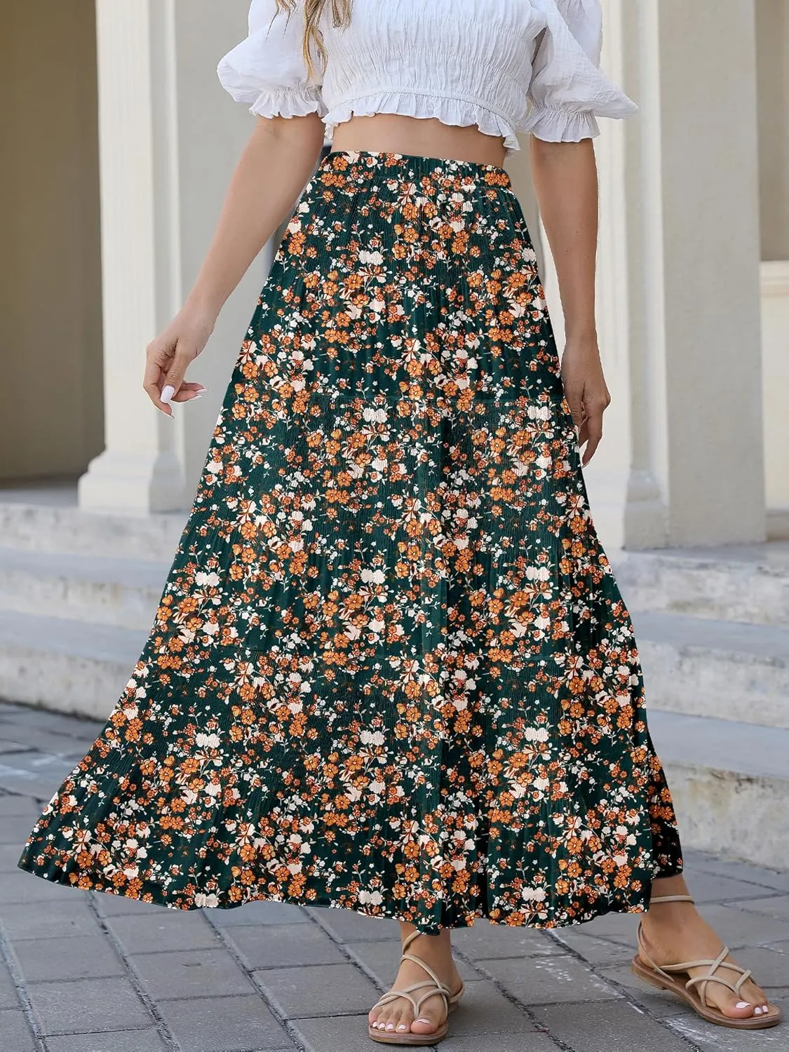 Womens Chiffon Long Skirt Elastic High Waist Floral Maxi Skirts Tiered Pleated A Line Boho Flowy Long Skirts
