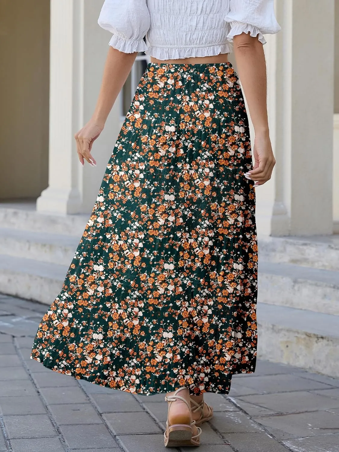 Womens Chiffon Long Skirt Elastic High Waist Floral Maxi Skirts Tiered Pleated A Line Boho Flowy Long Skirts