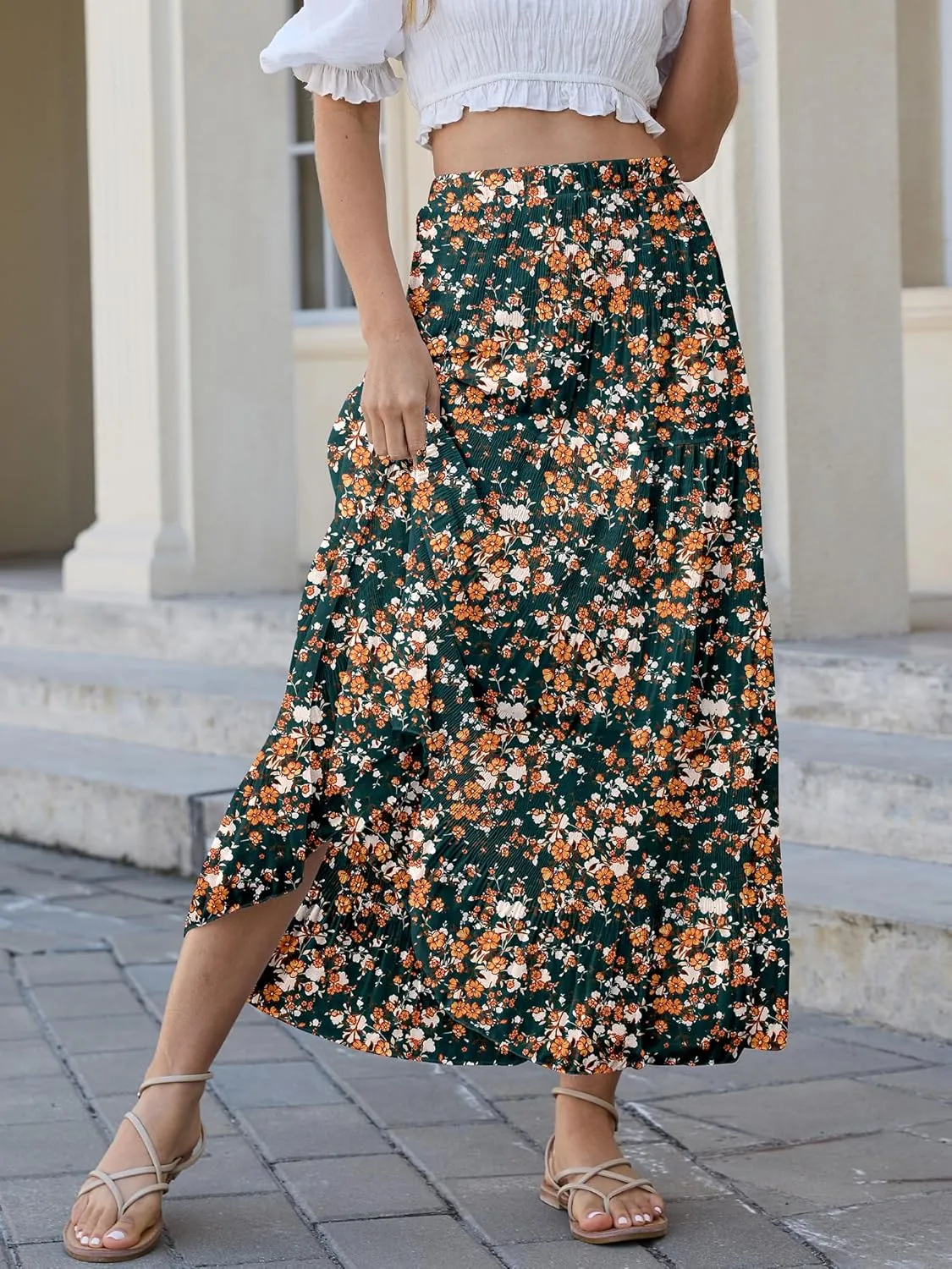 Womens Chiffon Long Skirt Elastic High Waist Floral Maxi Skirts Tiered Pleated A Line Boho Flowy Long Skirts