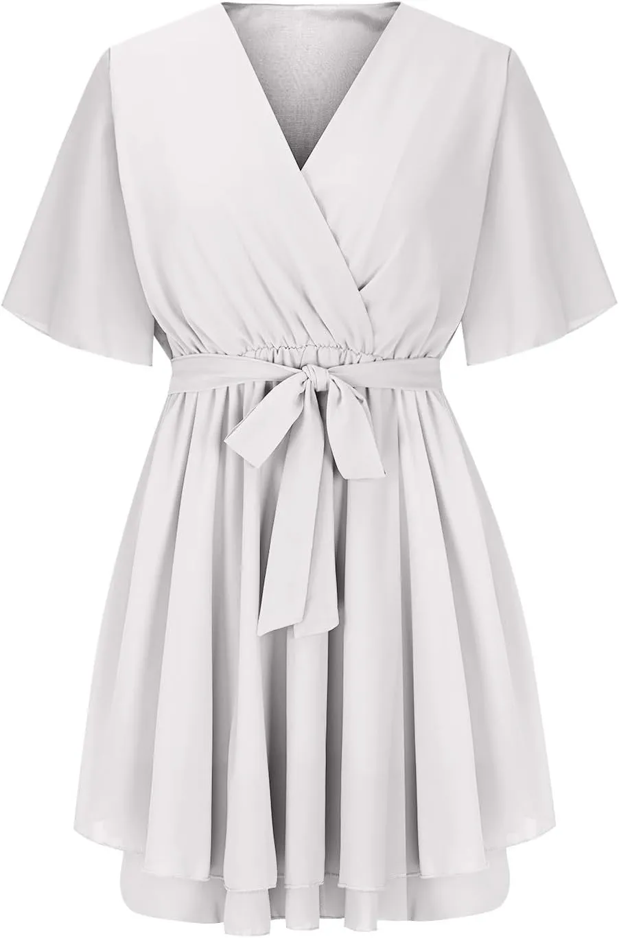 Women's Chiffon Short Sleeve Mini Dresses Summer Sexy Deep V-Neck Cross Tie Dress Ruffle Hem Short Wrap Dresses