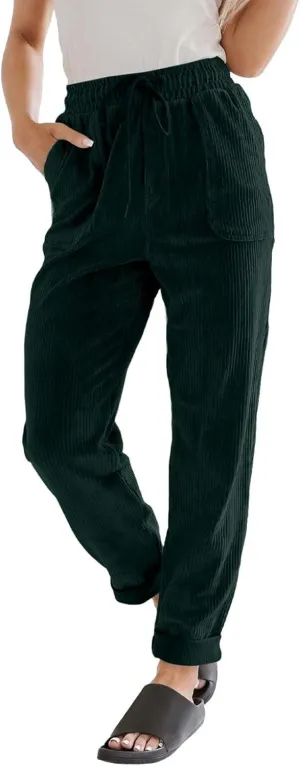 Womens Corduroy Cuffed Pants 2025 Trendy High Waisted Straight Leg Drawstring Trousers Work Office Dress Casual Pants
