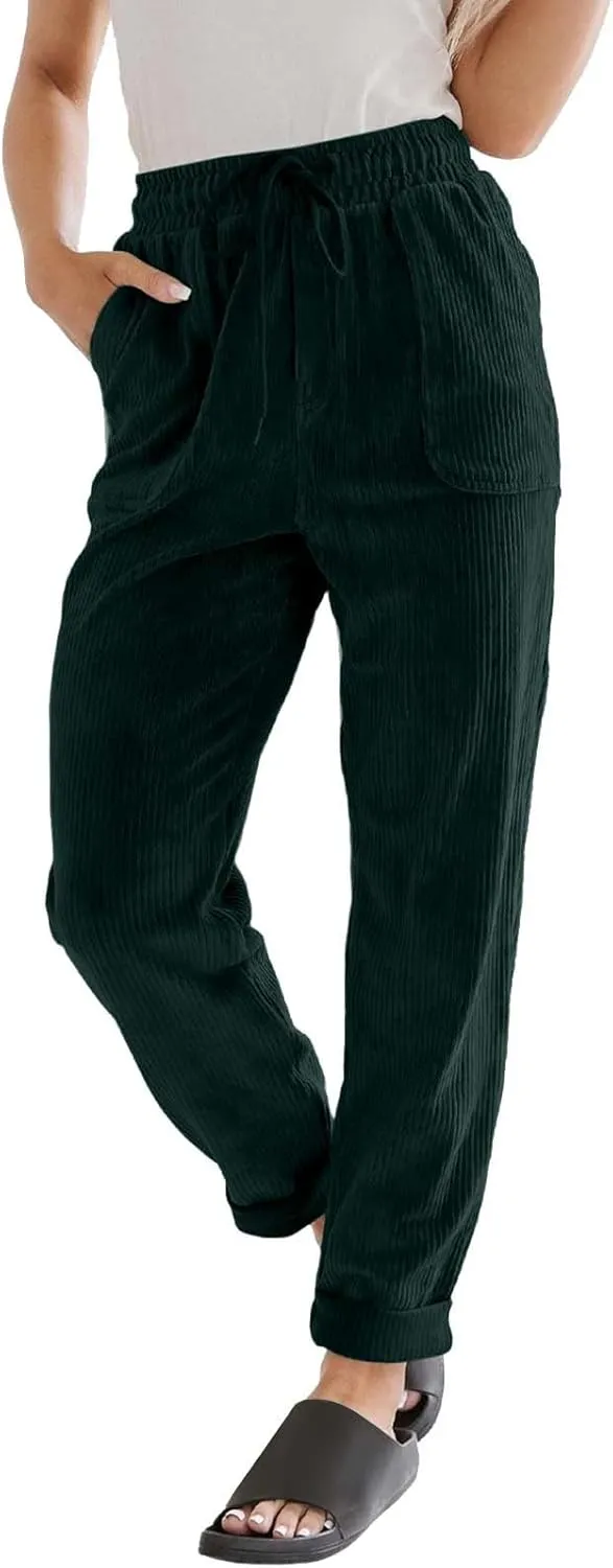 Womens Corduroy Cuffed Pants 2025 Trendy High Waisted Straight Leg Drawstring Trousers Work Office Dress Casual Pants