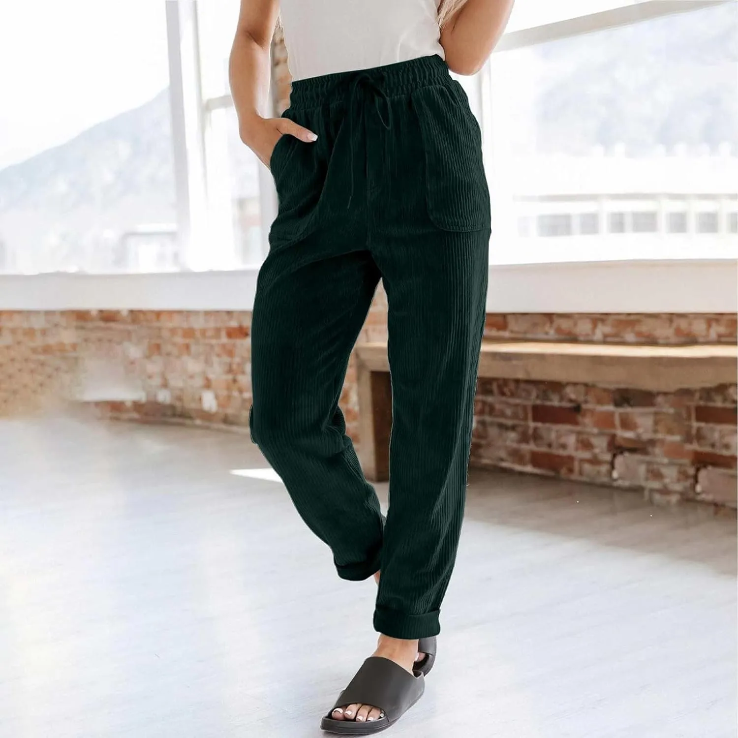 Womens Corduroy Cuffed Pants 2025 Trendy High Waisted Straight Leg Drawstring Trousers Work Office Dress Casual Pants
