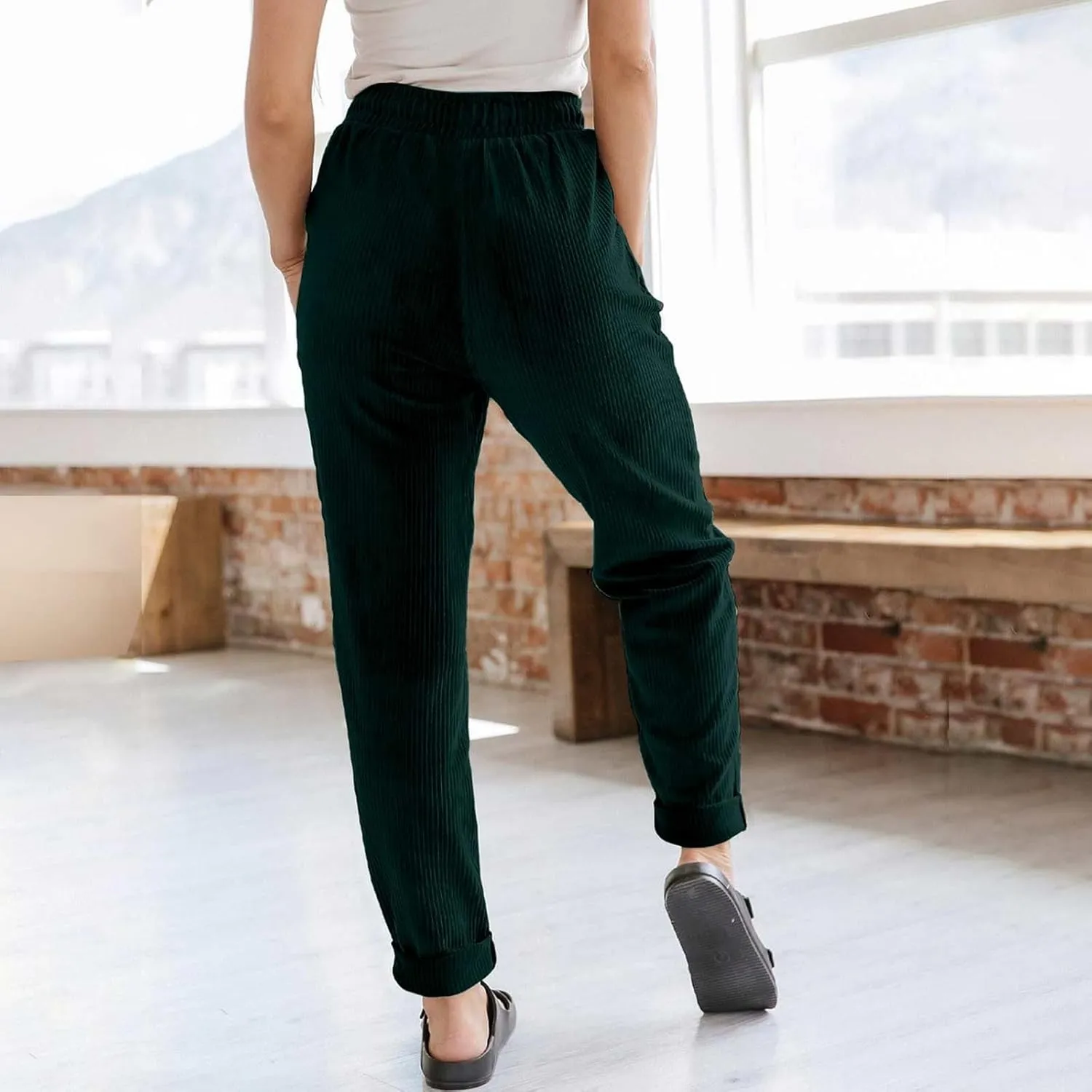 Womens Corduroy Cuffed Pants 2025 Trendy High Waisted Straight Leg Drawstring Trousers Work Office Dress Casual Pants