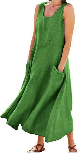 Women's Cotton Linen Long Dress Summer Sleeveless Flowy Maxi Dresses Plus Size Sundress with Pockets Beach Dress