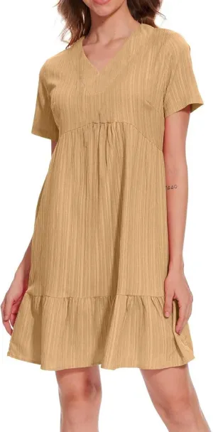 Women's Cotton Linen Short Sleeve Casual V Neck Mini Dress A Line Loose Pleated Flowy Dresses Beach Vacation Outfits