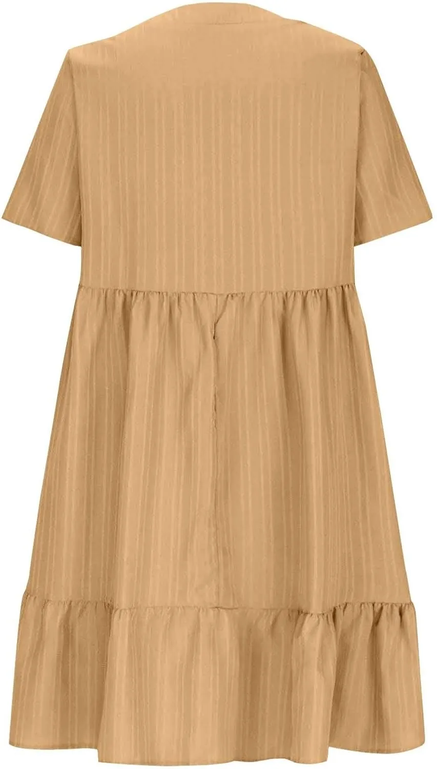 Women's Cotton Linen Short Sleeve Casual V Neck Mini Dress A Line Loose Pleated Flowy Dresses Beach Vacation Outfits