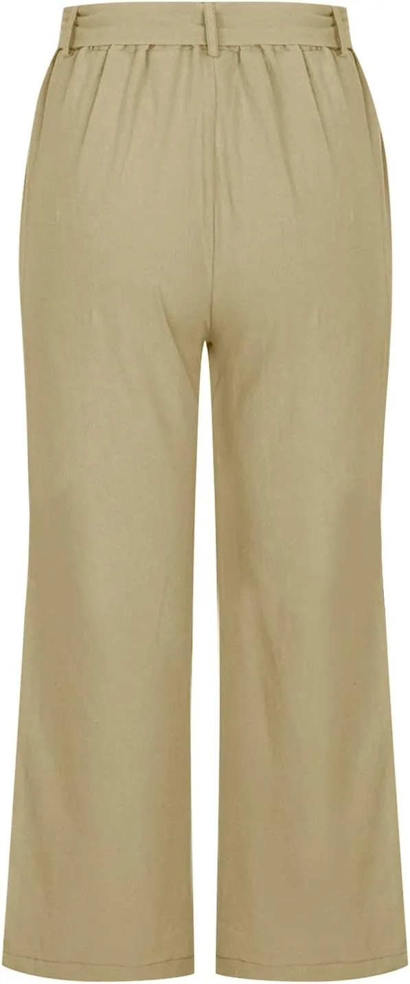 Women's Cotton Linen Summer Casual Palazzo Lounge Pants Low Waist Baggy Stretchy Slim-Fit Pants Vacation