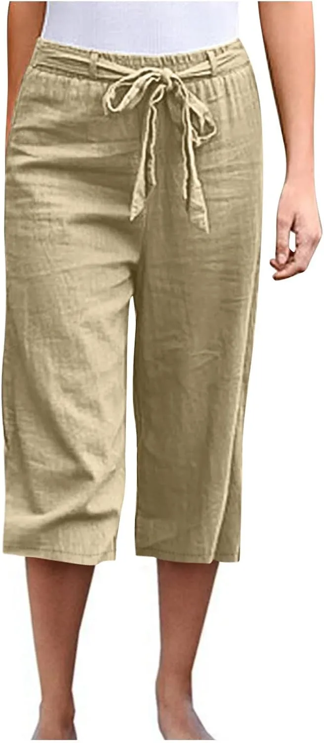 Women's Cotton Linen Summer Casual Palazzo Lounge Pants Low Waist Baggy Stretchy Slim-Fit Pants Vacation