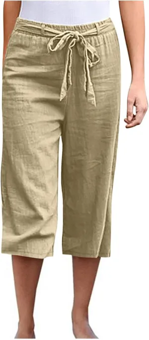 Women's Cotton Linen Summer Casual Palazzo Lounge Pants Low Waist Baggy Stretchy Slim-Fit Pants Vacation