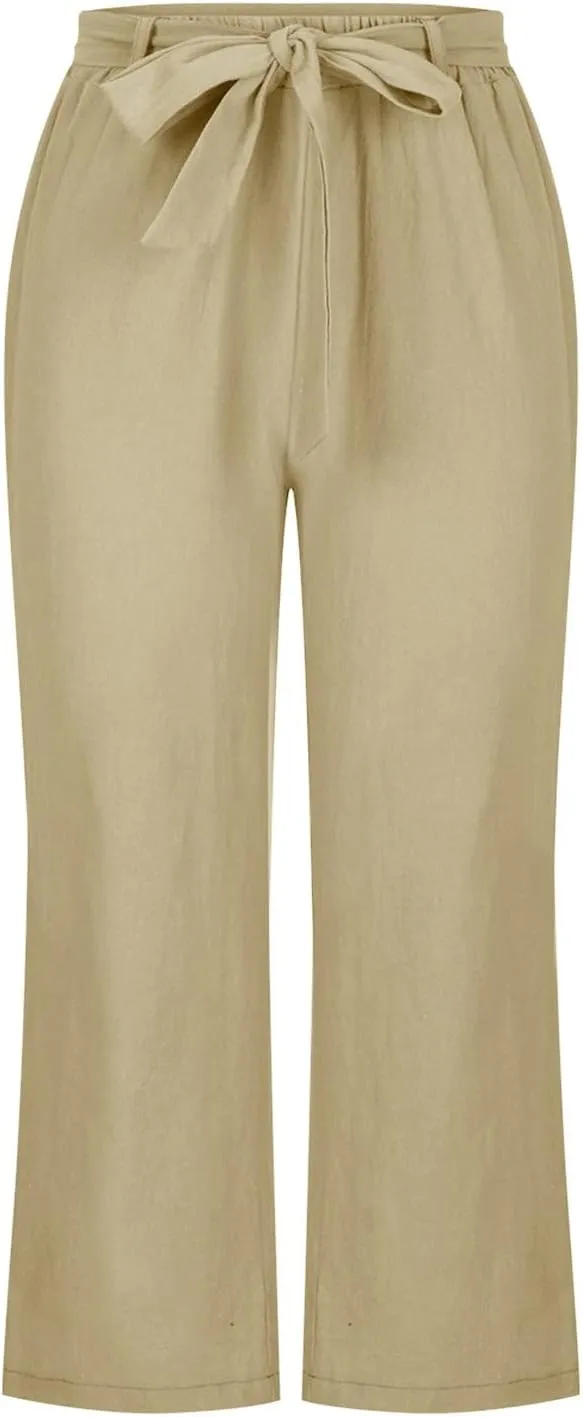 Women's Cotton Linen Summer Casual Palazzo Lounge Pants Low Waist Baggy Stretchy Slim-Fit Pants Vacation