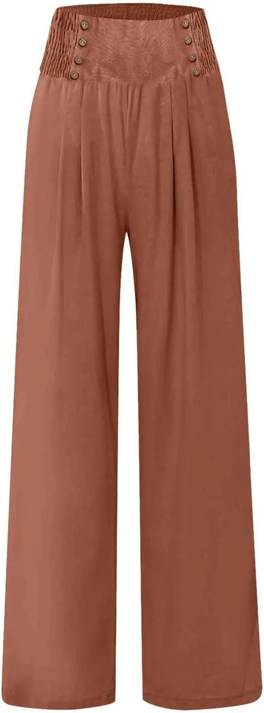 Womens Cotton Linen Summer Flowy Pants High Waist Wide Leg Slim Fit Palazzo Pants Travel
