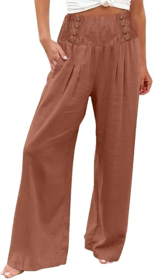 Womens Cotton Linen Summer Flowy Pants High Waist Wide Leg Slim Fit Palazzo Pants Travel