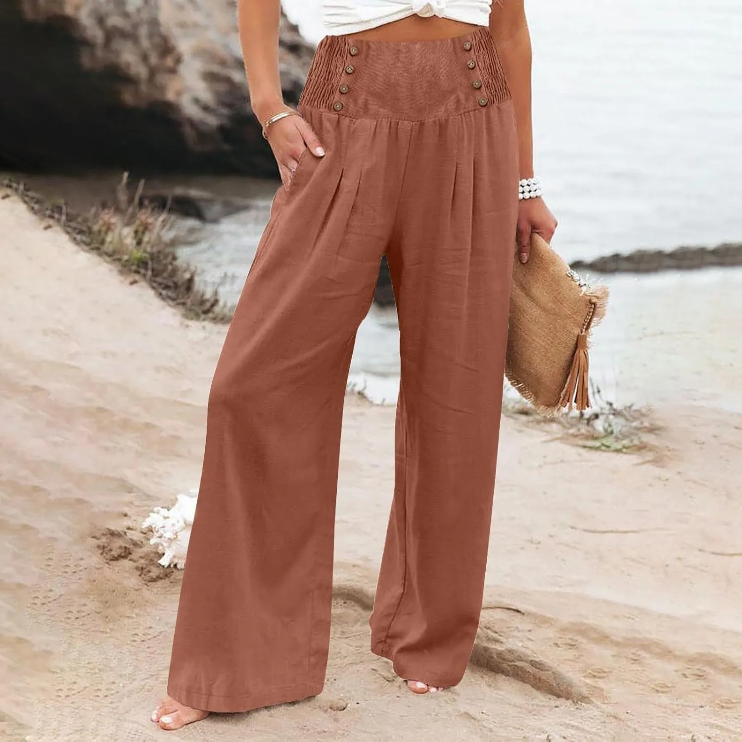 Womens Cotton Linen Summer Flowy Pants High Waist Wide Leg Slim Fit Palazzo Pants Travel