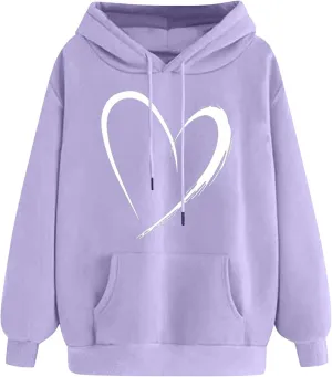 Womens Cute Heart Hoodies Graphic Pullover Fall Fashion Hooded Drawstring Sweatshirt Teen Girls Long Sleeve Sweater