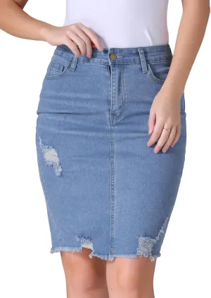 Women's Denim Skirt Stretch Denim High Waisted Raw Hem Above The Knee Pencil Skirt Jean Skirts