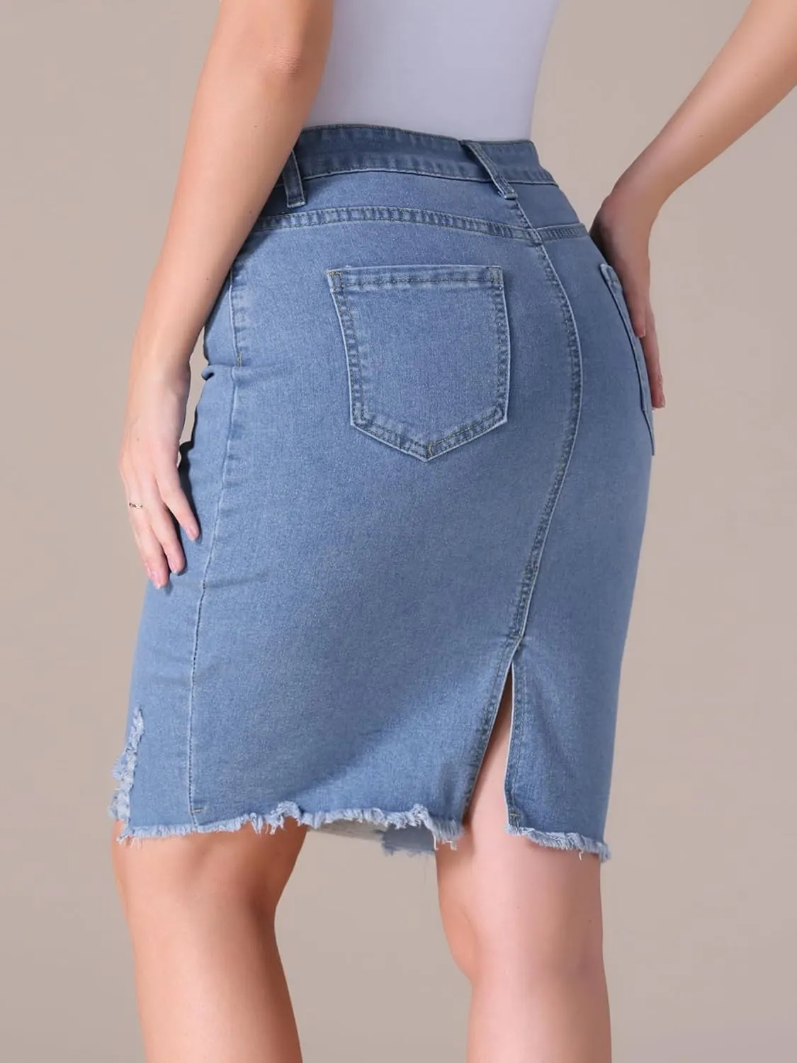 Women's Denim Skirt Stretch Denim High Waisted Raw Hem Above The Knee Pencil Skirt Jean Skirts