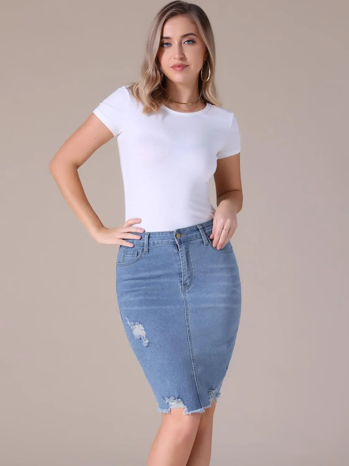 Women's Denim Skirt Stretch Denim High Waisted Raw Hem Above The Knee Pencil Skirt Jean Skirts