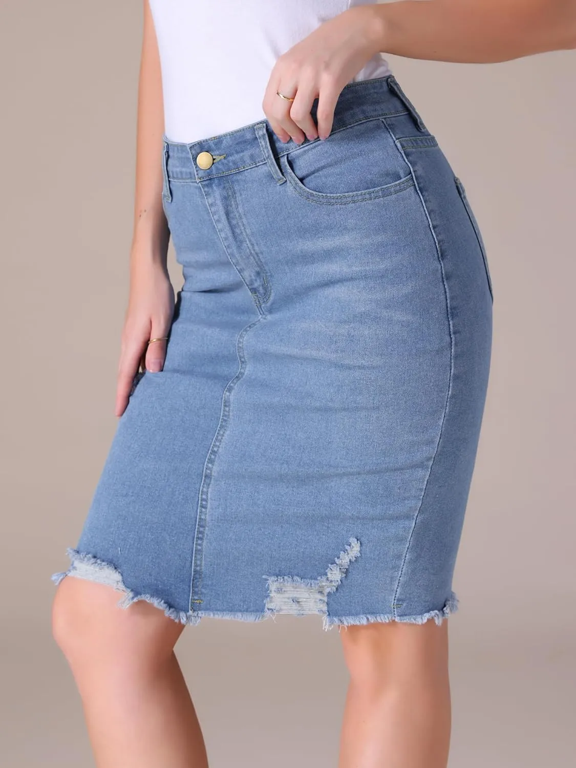 Women's Denim Skirt Stretch Denim High Waisted Raw Hem Above The Knee Pencil Skirt Jean Skirts