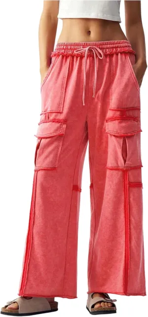 Women's Drawstring Waist Baggy Cargo Pants Y2k Wide Leg Trousers with Pocket