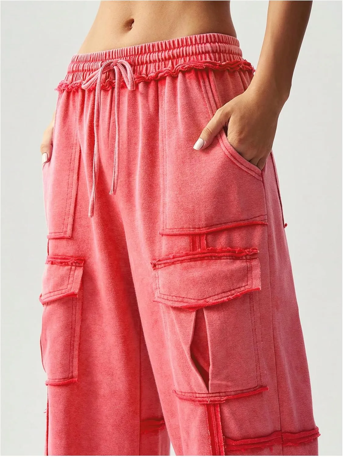 Women's Drawstring Waist Baggy Cargo Pants Y2k Wide Leg Trousers with Pocket