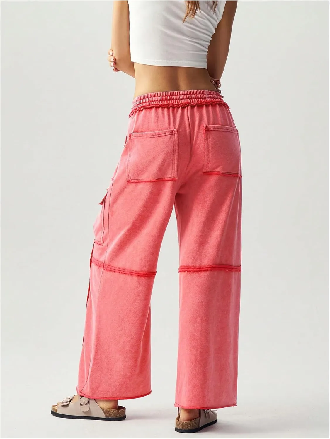 Women's Drawstring Waist Baggy Cargo Pants Y2k Wide Leg Trousers with Pocket