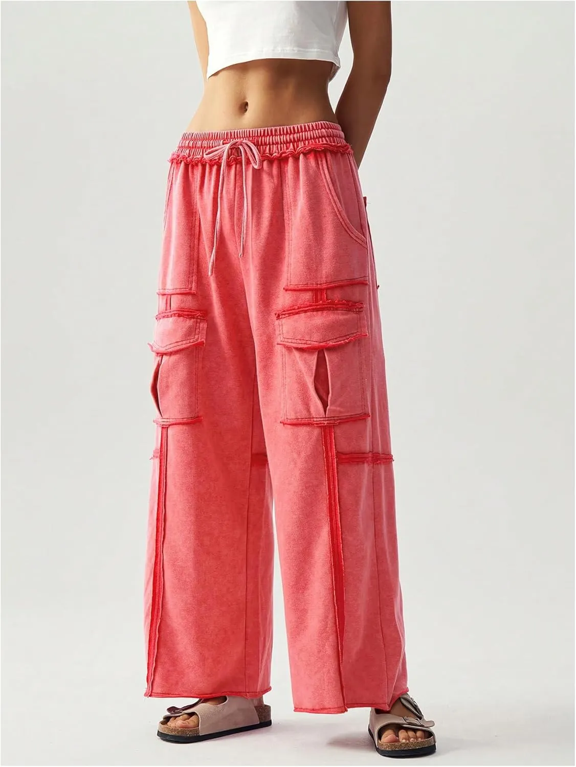 Women's Drawstring Waist Baggy Cargo Pants Y2k Wide Leg Trousers with Pocket