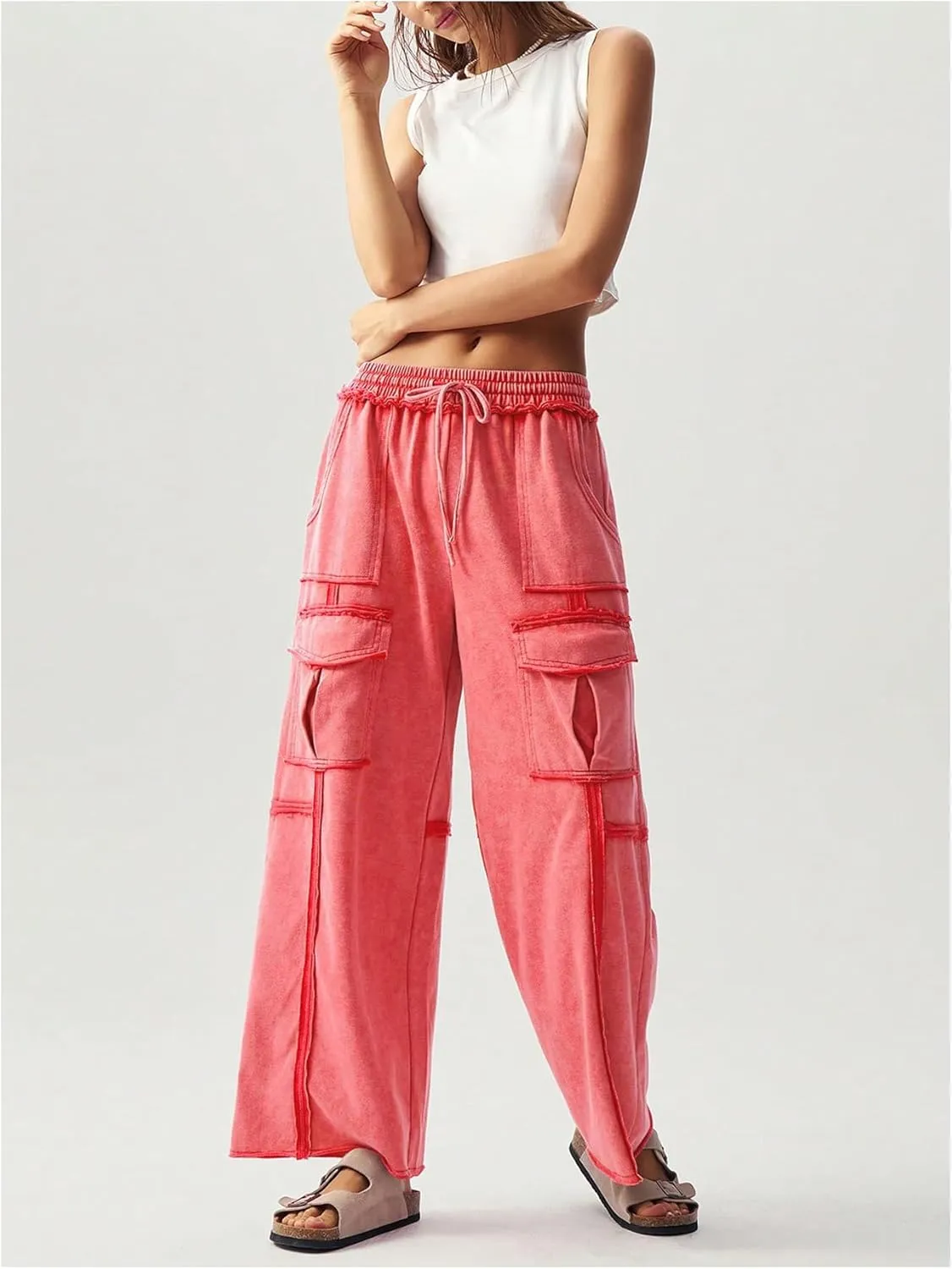 Women's Drawstring Waist Baggy Cargo Pants Y2k Wide Leg Trousers with Pocket