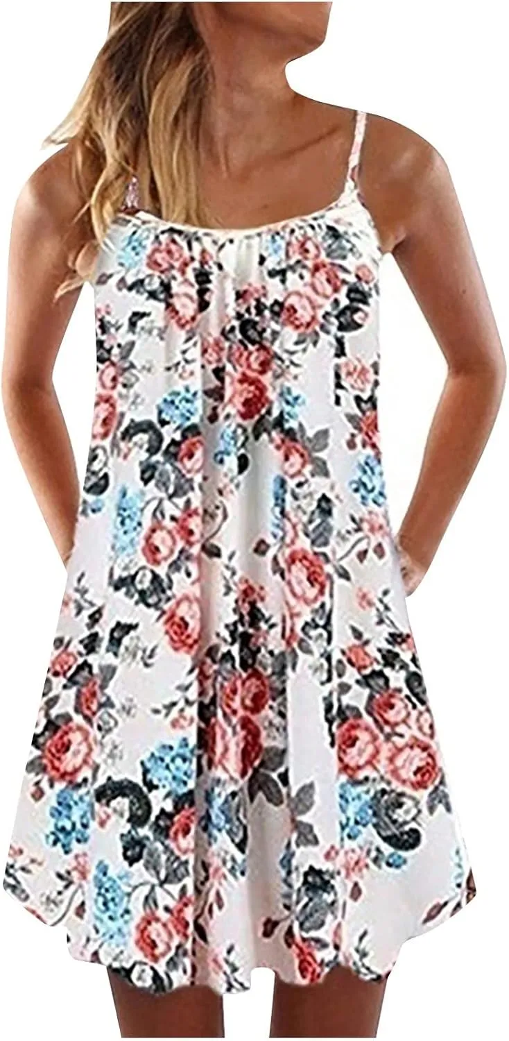 Women's Fashion Summer Casual Vest Sleeveless Bohemian Print Loose Tank Large Dress Blossoms Strap Dress