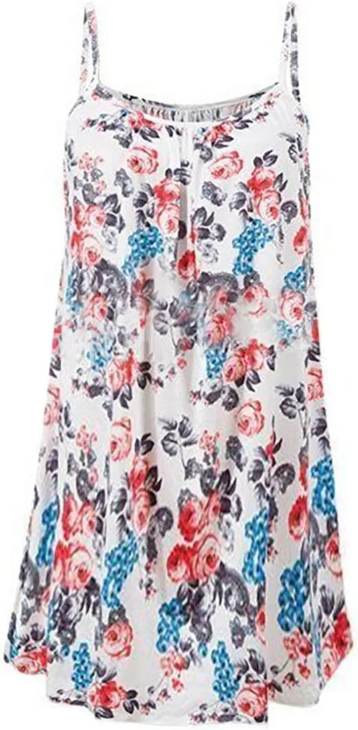 Women's Fashion Summer Casual Vest Sleeveless Bohemian Print Loose Tank Large Dress Blossoms Strap Dress