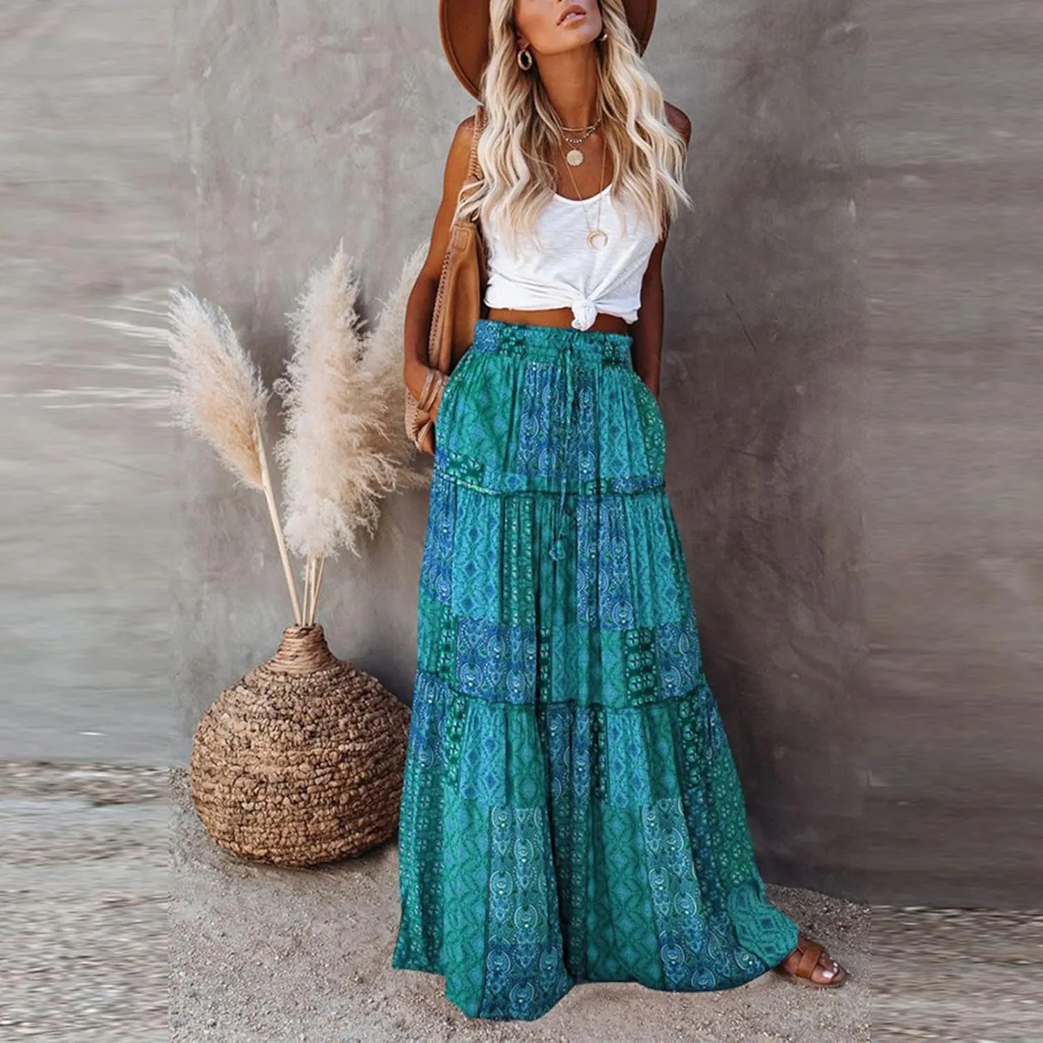 Womens Floral Print Boho Maxi Skirt Elastic High Waist Pleated Ruffle Flowy Long Skirts with Pockets
