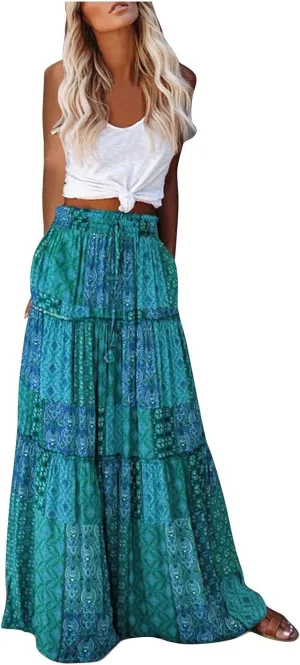 Womens Floral Print Boho Maxi Skirt Elastic High Waist Pleated Ruffle Flowy Long Skirts with Pockets