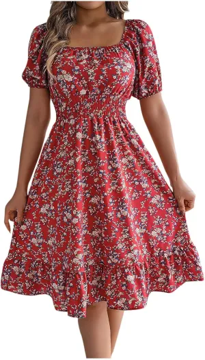 Women's Floral Print Dress Off Shoulder Short Sleeve Flowy A Line Tunic Dress Trendy Summer Beach Midi Sun Dresses