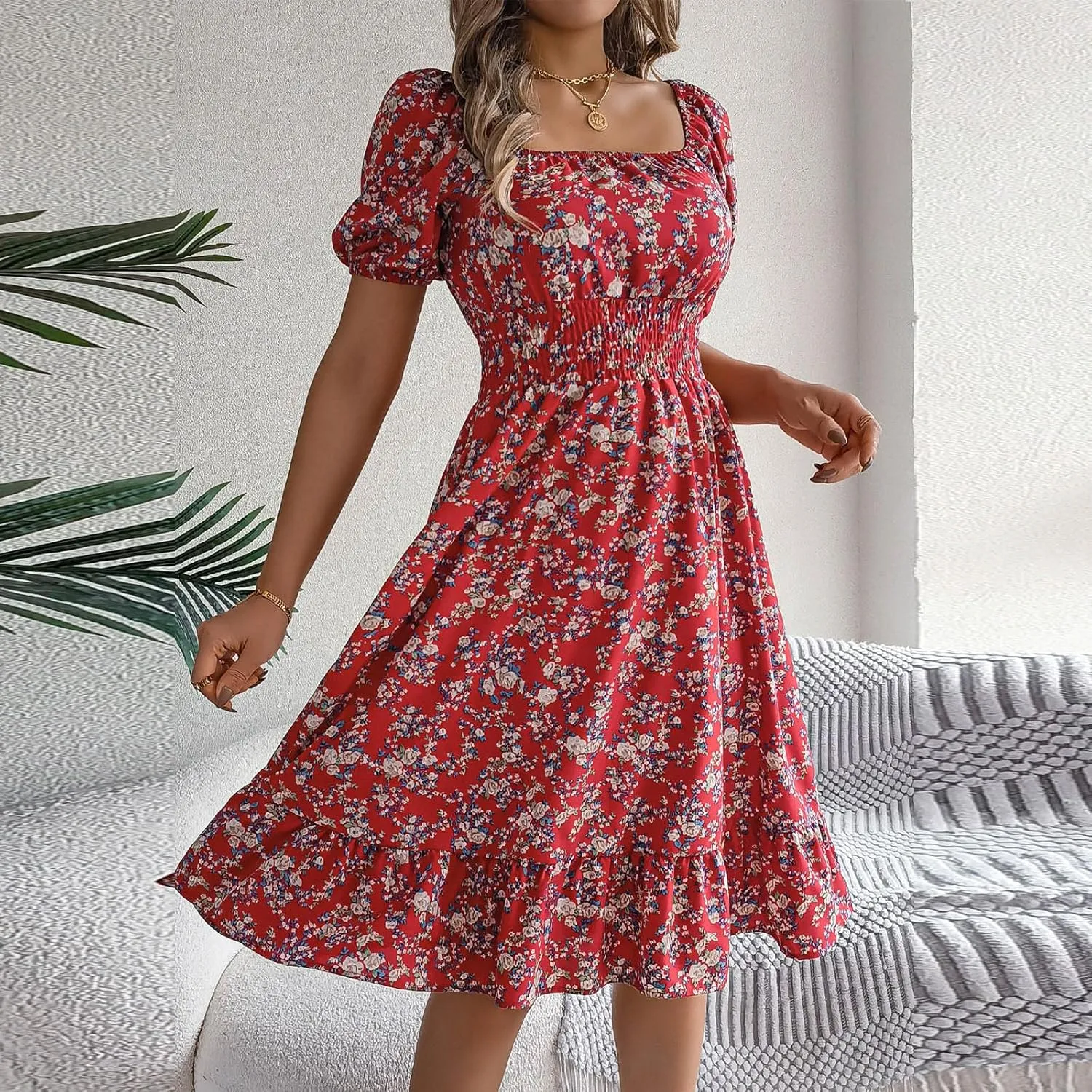 Women's Floral Print Dress Off Shoulder Short Sleeve Flowy A Line Tunic Dress Trendy Summer Beach Midi Sun Dresses