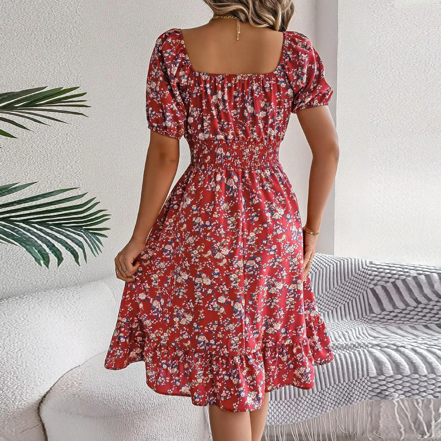 Women's Floral Print Dress Off Shoulder Short Sleeve Flowy A Line Tunic Dress Trendy Summer Beach Midi Sun Dresses