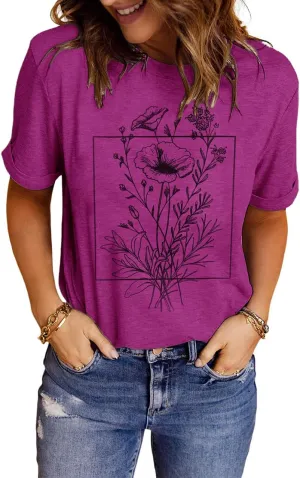 Womens Flower Cottagecore Country Graphic Shirts Boho Cute Loose Teen Girls Tees Tshirt for Plant Graden Lover