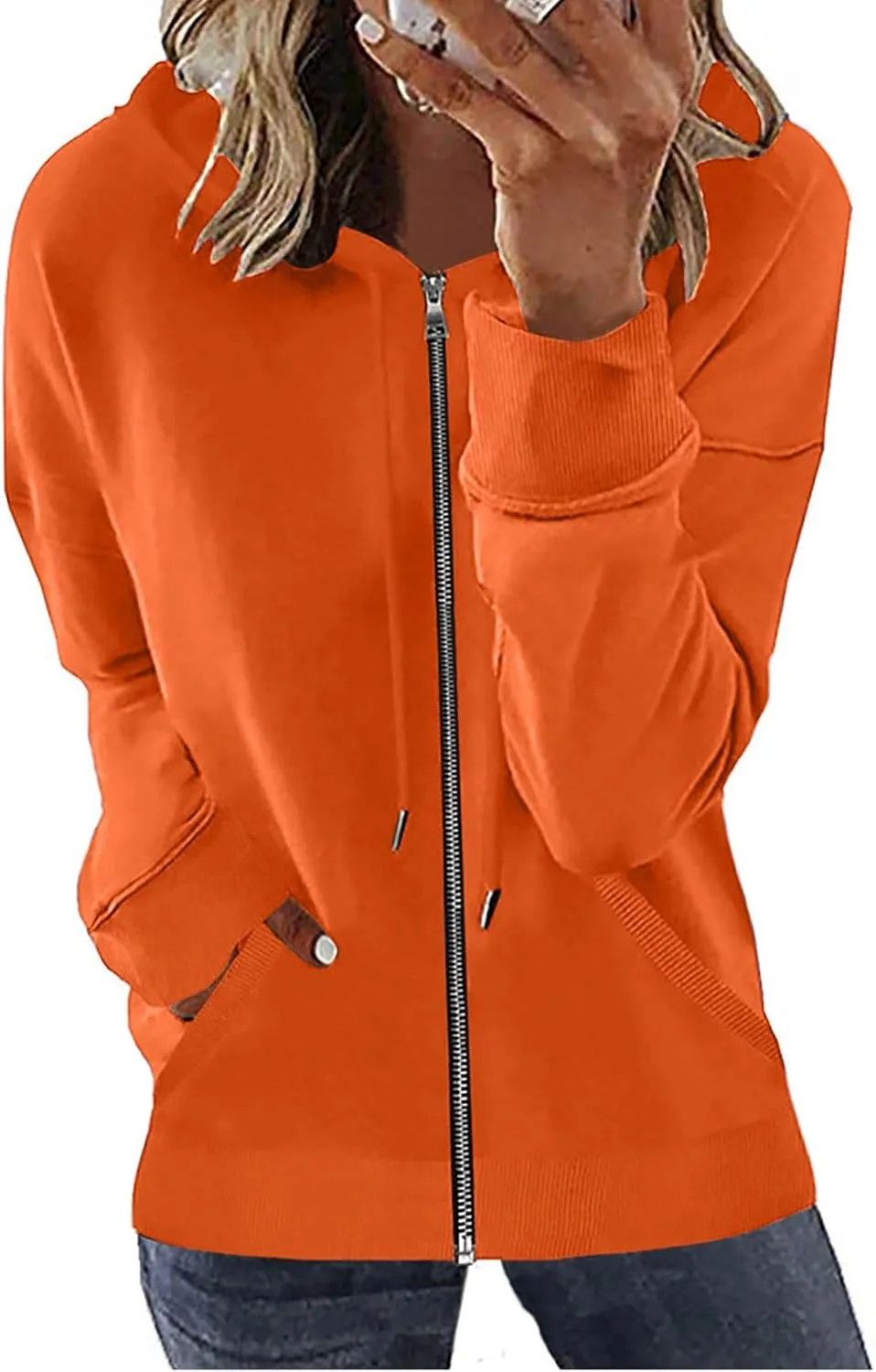 Womens Full Zip Up Hoodies Trendy 2023 Lightweight Fall Jackets Long Sleeve Solid Tunic Tops Hooded Zipper Sweatshirts